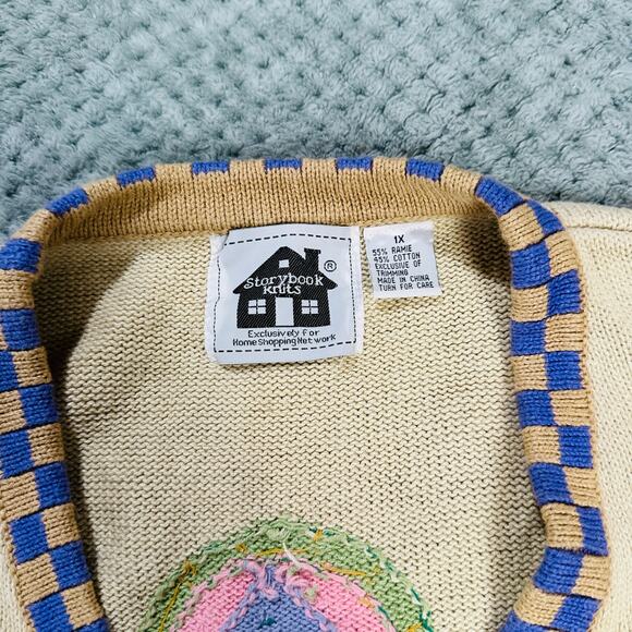 VINTAGE STORYBOOK KNITS BEADED COLORFUL KNIT TURTLE CHUNKY CARDIGAN SWEATER - Picture 5 of 7